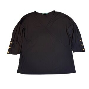 Lauren Ralph Lauren Black V Neck Faux Wrap Tunic Top Gold Button Sleeve M